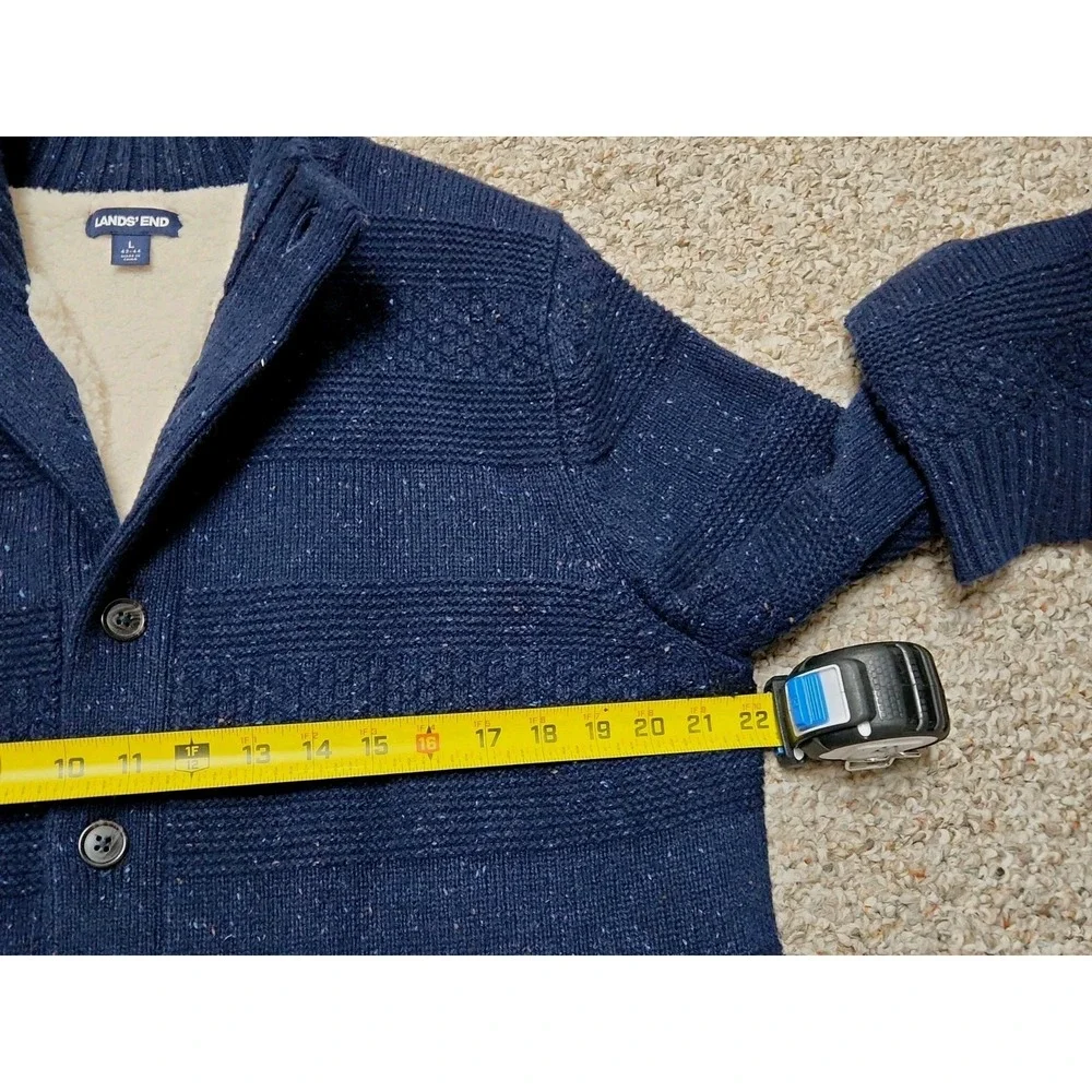 Lands' End Navy Textured Wool Blend Sherpa Trim Button Sweater Men's Large 42-44